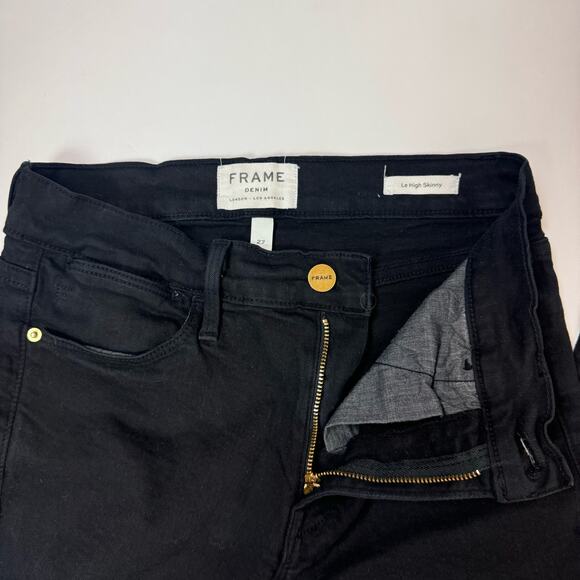 FRAME Le High Skinny Black Denim Jeans Frayed Uneven Hem Women's Size 27 - Picture 5 of 7